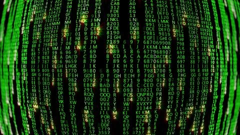 3D rendering of abstract blocks of matrix code located in the virtual space Illustrazione stock