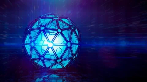 A 3D rendering of an abstract blue Icosphere futuristic technology style back Stock Illustration