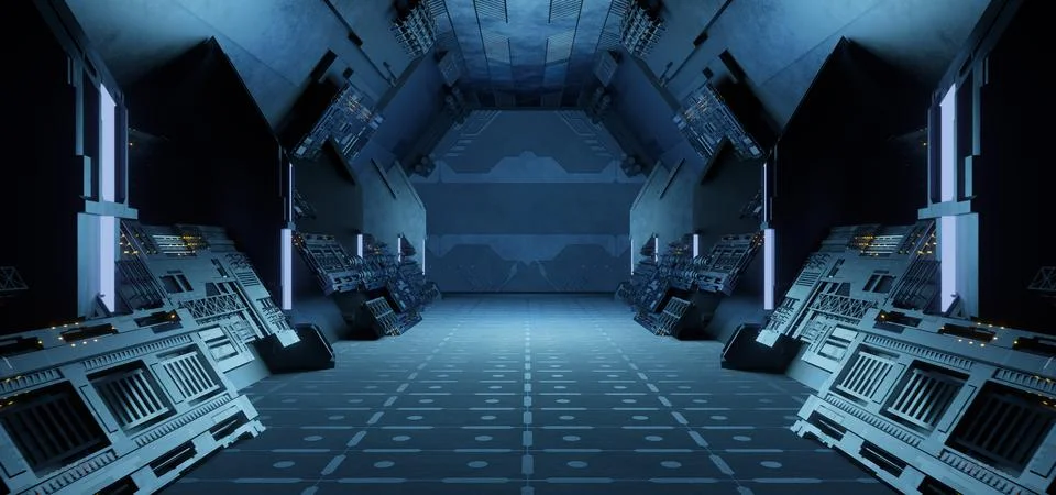3D rendering Abstract blue room interior with blue neon lamps. Futuristic arc Stock Illustration