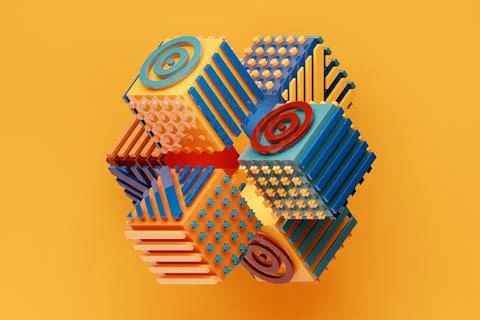 3D rendering, abstract bright figure with various patterns, shapes and variou Stock Illustration