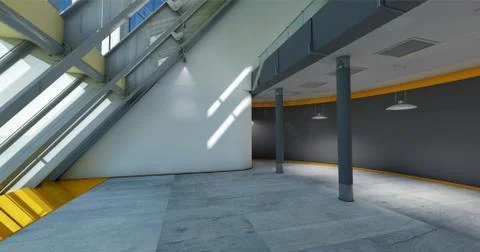 3D rendering of abstract concrete public space with windows Stock Illustration