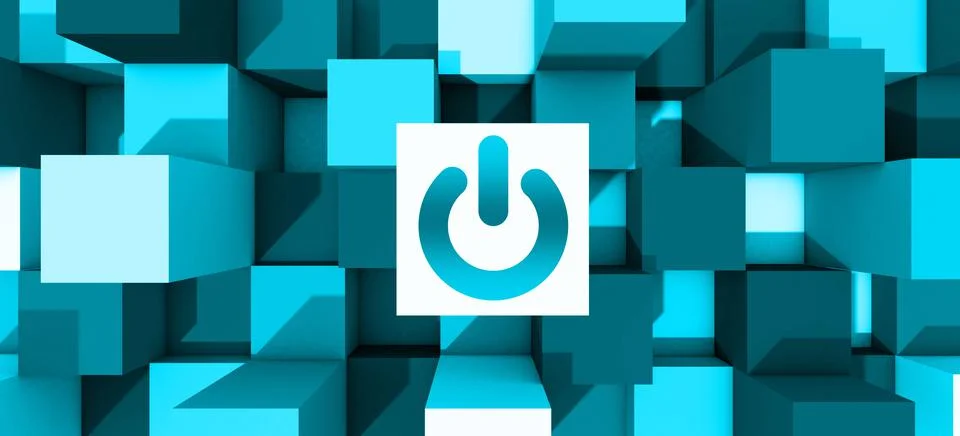 3D rendering Abstract cubes background with power off sign. Illustrazione stock