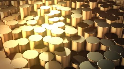 3D rendering of abstract cylindrical geometric gold surfaces in virtual space 스톡 일러스트
