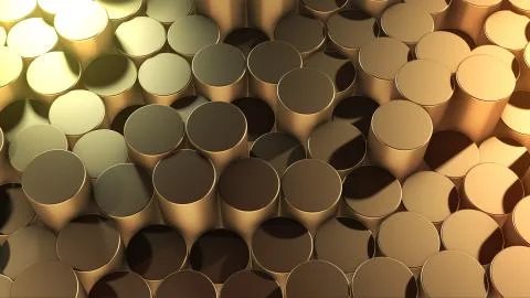 3D rendering of abstract cylindrical geometric gold surfaces in virtual space Stock Illustration