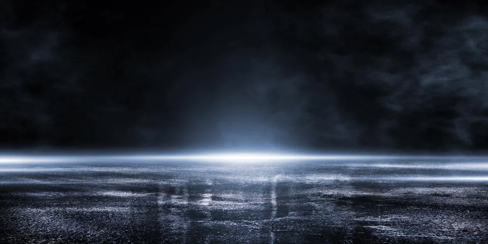 3D rendering abstract dark empty scene, blue neon searchlight light. Stock Photos