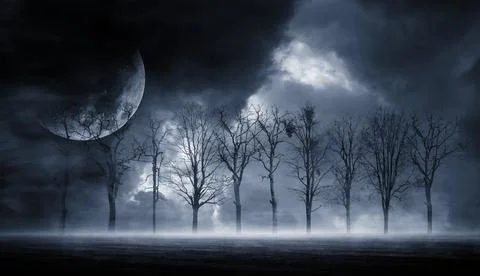 3D rendering abstract dark forest. Gloomy dark scene with trees, big moon Stock Illustration