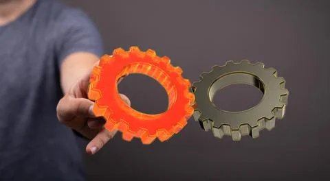 3D rendering of abstract digital gears with a blurry background Stock Photos