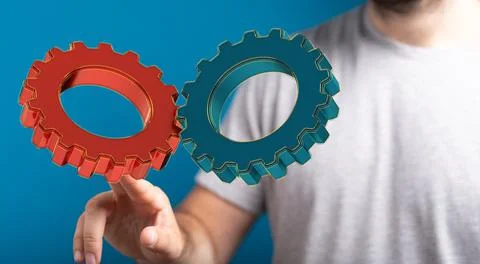 3D rendering of abstract digital gears with a blurry background Stock Photos