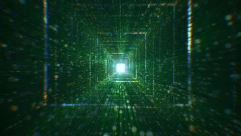 3D rendering of an abstract digital tunnel in cyberspace made of particles Stock Photos