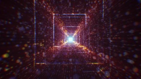 3D rendering of an abstract digital tunnel in cyberspace made of particles Stock Photos