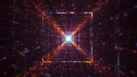 3D rendering of an abstract digital tunnel in cyberspace made of particles 库存照片