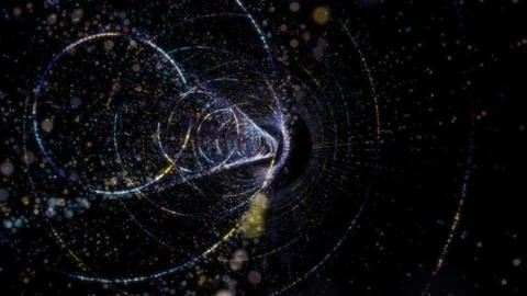 3D rendering of an abstract digital tunnel in cyberspace made of particles Stock Photos