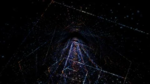 3D rendering of an abstract digital tunnel in cyberspace made of particles Stock Photos