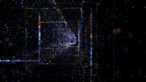 3D rendering of an abstract digital tunnel in cyberspace made of particles Stock Photos