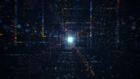 3D rendering of an abstract digital tunnel in cyberspace made of particles Stock Photos