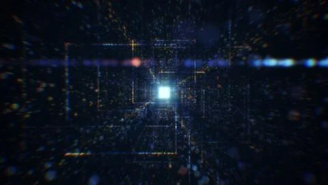 3D rendering of an abstract digital tunnel in cyberspace made of particles Stock Photos