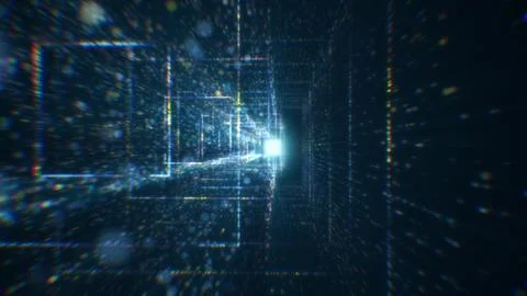 3D rendering of an abstract digital tunnel in cyberspace made of particles Stock Photos