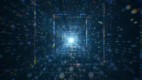 3D rendering of an abstract digital tunnel in cyberspace made of particles Stock Photos
