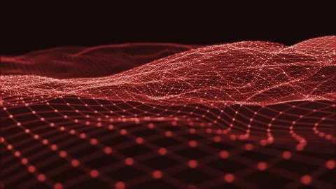 3D rendering of abstract digital waves and bright square particles in space Stock Illustration