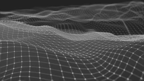 3D rendering of abstract digital waves and bright square particles in space Illustrazione stock