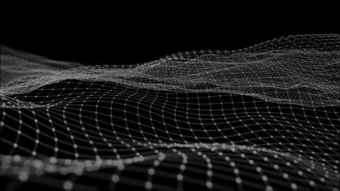 3D rendering of abstract digital waves and bright square particles in space Stock Illustration