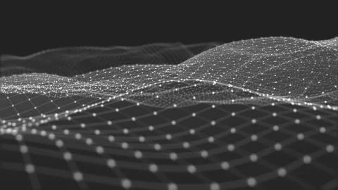 3D rendering of abstract digital waves and bright square particles in space Stock Illustration