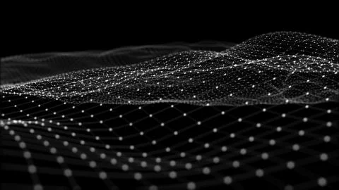 3D rendering of abstract digital waves and bright square particles in space 库存插图