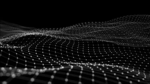 3D rendering of abstract digital waves and bright square particles in space Stock Illustration