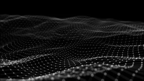 3D rendering of abstract digital waves and bright square particles in space Stock Illustration