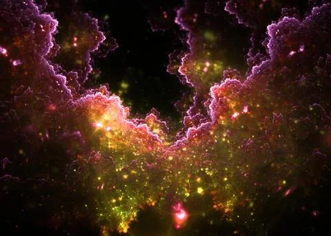 3D rendering abstract fractal clouds in pink and green on black background Illustrazione stock