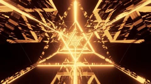 A 3D rendering of an abstract futuristic corridor with triangles and golden l Illustrazione stock