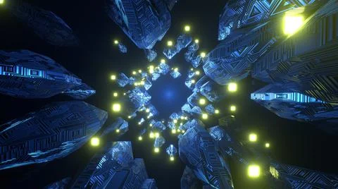 3D Rendering. Abstract futuristic geometric shapes background. Cyberpunk Stock Illustration