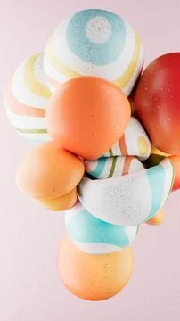 3D rendering of abstract geometric crumpled sphere shaped objects in a pale pink Stock Illustration