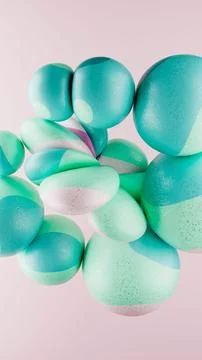 3D rendering of abstract geometric crumpled sphere shaped objects in a pale pink Stock Illustration