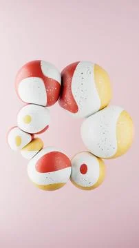 3D rendering of abstract geometric crumpled sphere shaped objects in a pale pink Stock Illustration