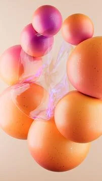 3D rendering of abstract geometric crumpled sphere shaped objects in a pale pink Stock Photos