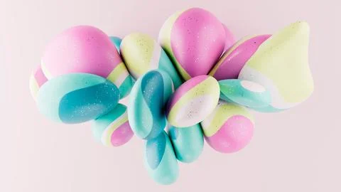 3D rendering of abstract geometric objects floating in the air on pale pink back 库存插图