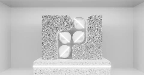 3d rendering. Abstract geometric shapes in marble or stone in a bright room a Illustrazione stock