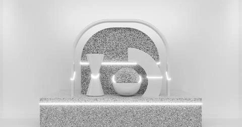 3d rendering. Abstract geometric shapes in marble or stone in a bright room a Stock Illustration