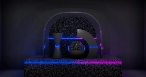 3d rendering. Abstract geometric shapes or objects on a marble rectangular po Illustrazione stock