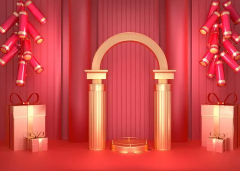 3d rendering of abstract geometric stage with chinese style for mockup displa Stock Illustration