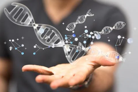 3D rendering of an abstract group of DNA elements in the space Stock Photos