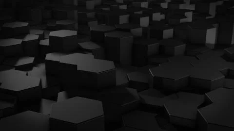 3D rendering of abstract hexagonal geometric black surfaces in virtual space Stock Illustration