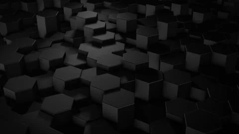 3D rendering of abstract hexagonal geometric black surfaces in virtual space Stock Illustration