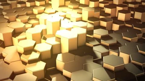 3D rendering of abstract hexagonal geometric golden surfaces in virtual space Stock Illustration