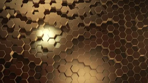 3D rendering of abstract hexagonal geometric golden surfaces in virtual space 스톡 일러스트