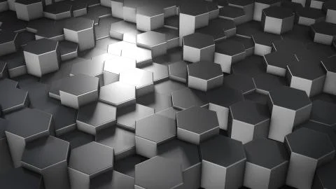 3D rendering of abstract hexagonal geometric metallic surfaces in virtual spa Stock Illustration
