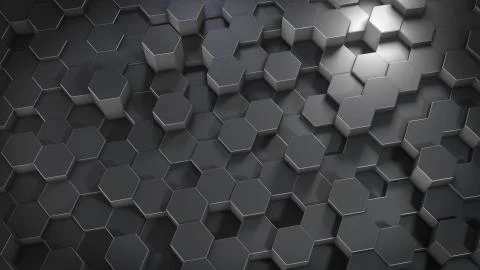 3D rendering of abstract hexagonal geometric metallic surfaces in virtual spa Stock Illustration