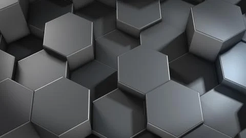 3D rendering of abstract hexagonal geometric metallic surfaces in virtual spa Stock Illustration