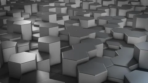 3D rendering of abstract hexagonal geometric metallic surfaces in virtual spa 스톡 일러스트